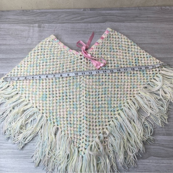 Handmade Little Girl’s Crochet Triangle Shawl Fringe Pancho Pastel w/Pink Ribbon - Picture 7 of 8